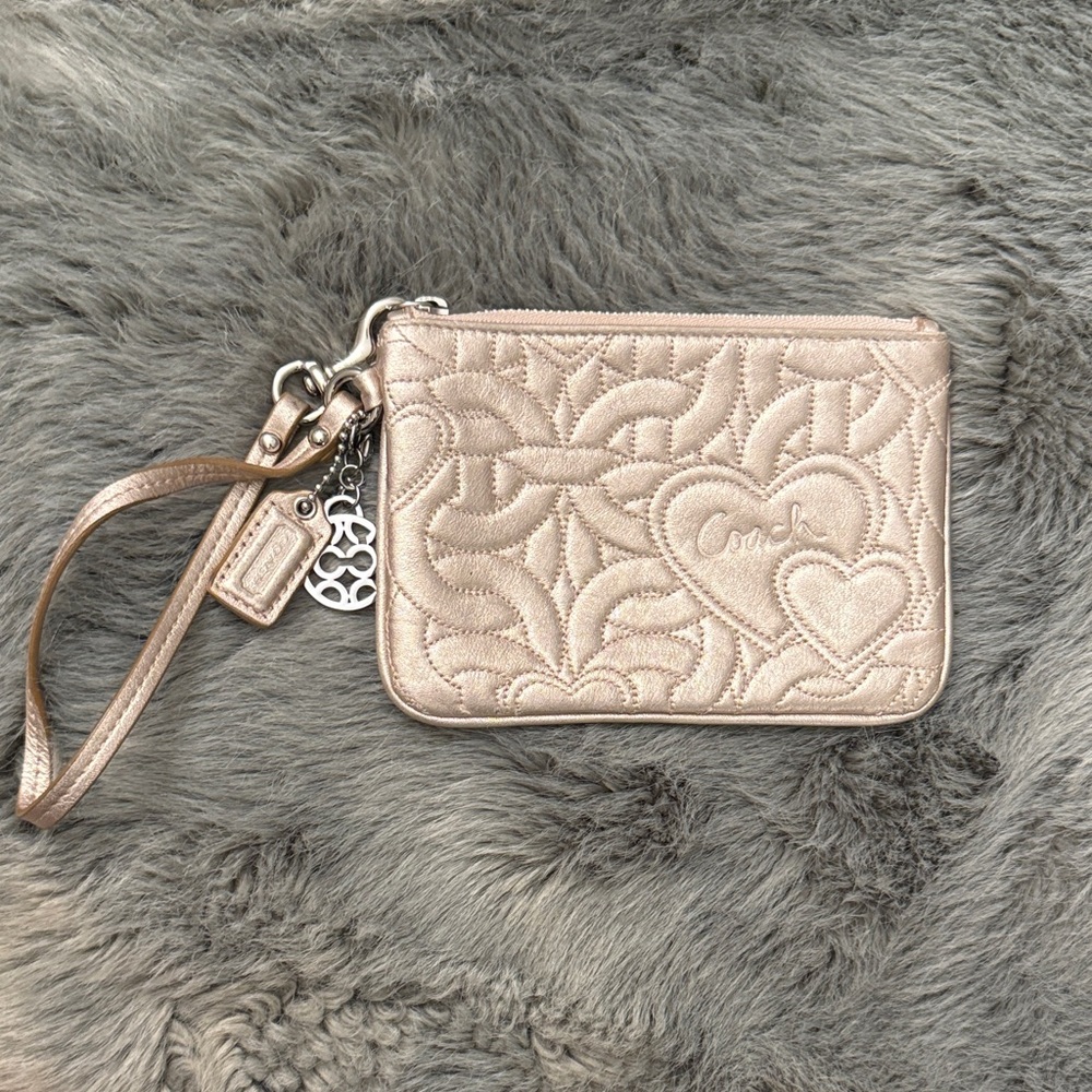 Coach Metallic Rose Gold Quilted Heart Wristlet